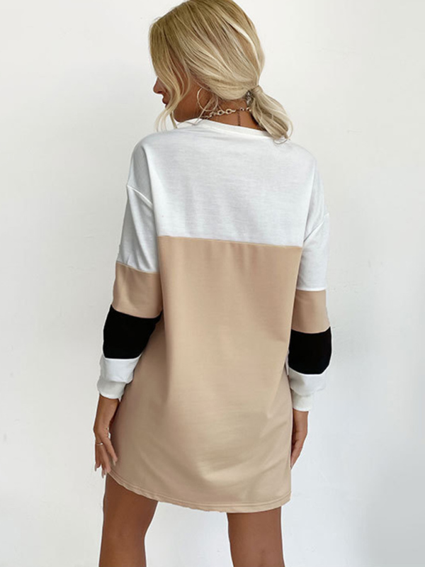 European and American Long Sleeve Dress Print Contrast Color Loose Sweater Dress-chiquechics