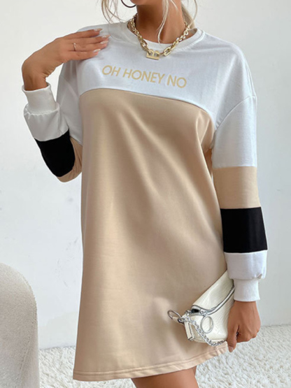 European and American Long Sleeve Dress Print Contrast Color Loose Sweater Dress-chiquechics
