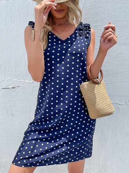Summer blue polka dot skirt European and American fashion loose dress-chiquechics