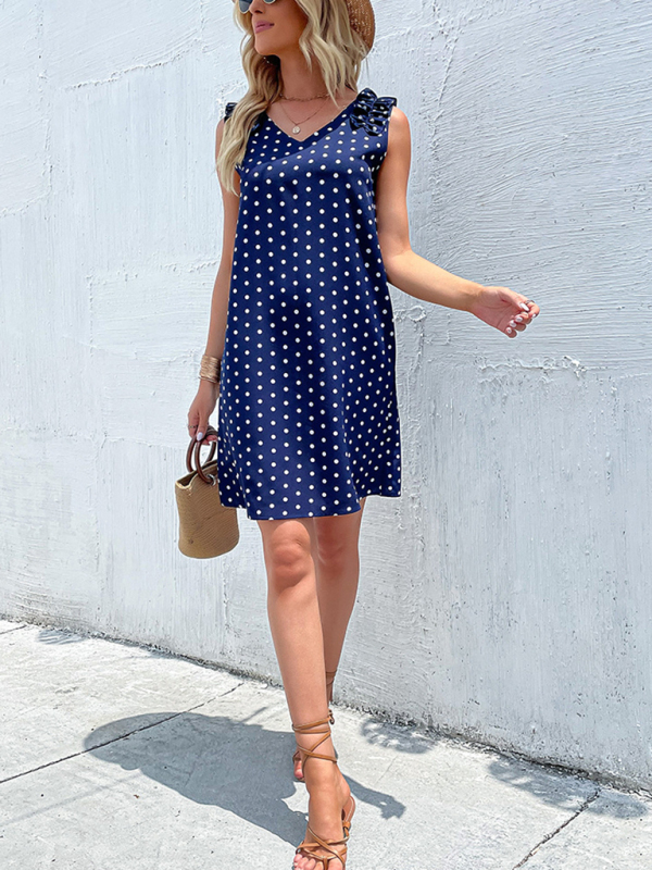 Summer blue polka dot skirt European and American fashion loose dress-chiquechics