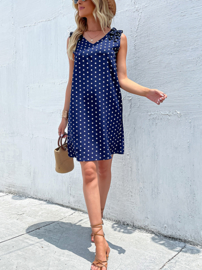 Summer blue polka dot skirt European and American fashion loose dress-chiquechics