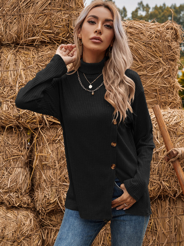 Asymmetric split turtleneck bottoming loose knitted sweater-chiquechics