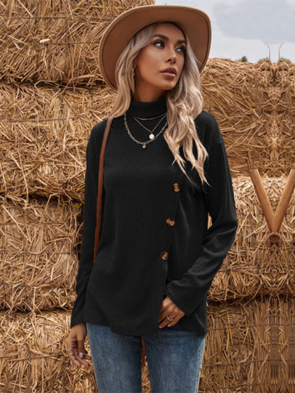 Asymmetric split turtleneck bottoming loose knitted sweater-chiquechics