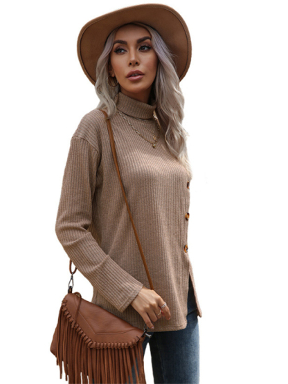 Asymmetric split turtleneck bottoming loose knitted sweater-chiquechics