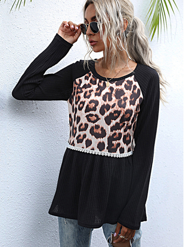 Paneled Long Sleeve Leopard Print Black Slim Fit Knit Sweater-chiquechics