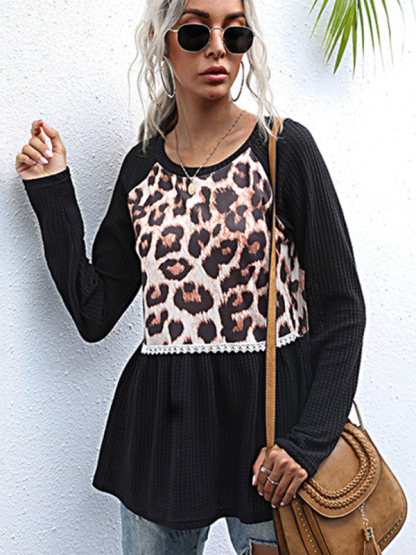 Paneled Long Sleeve Leopard Print Black Slim Fit Knit Sweater-chiquechics