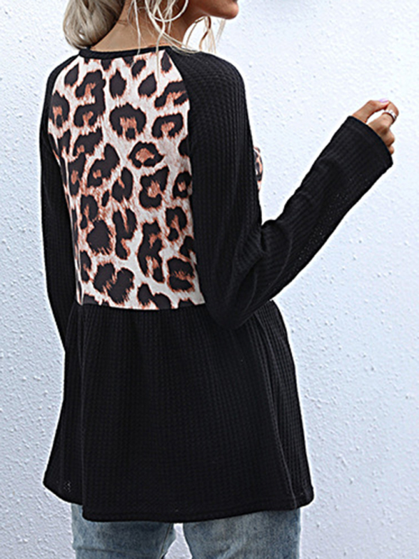 Paneled Long Sleeve Leopard Print Black Slim Fit Knit Sweater-chiquechics