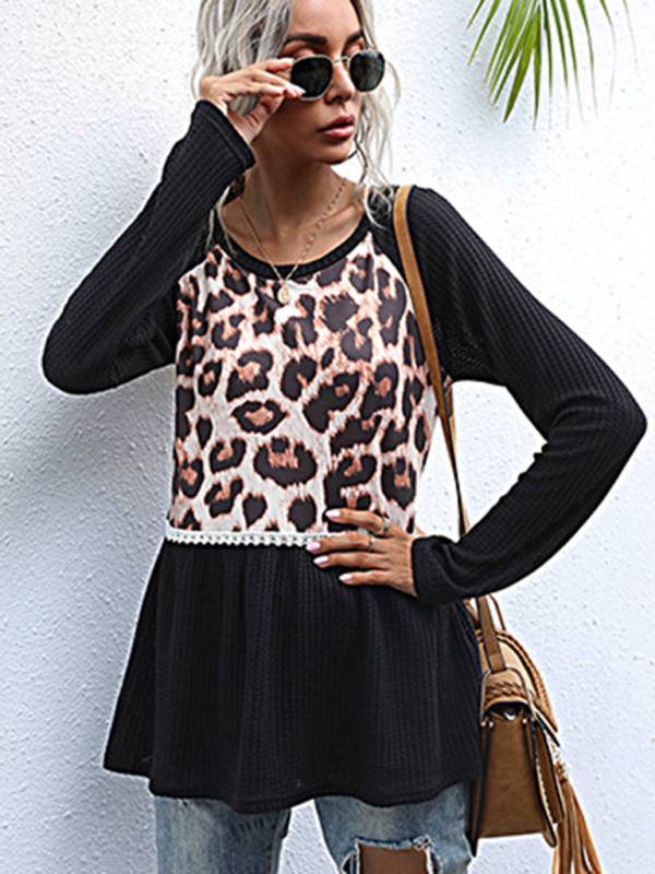 Paneled Long Sleeve Leopard Print Black Slim Fit Knit Sweater-chiquechics