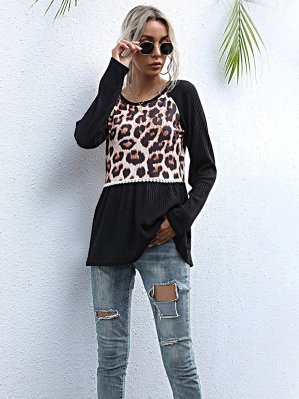 Paneled Long Sleeve Leopard Print Black Slim Fit Knit Sweater-chiquechics