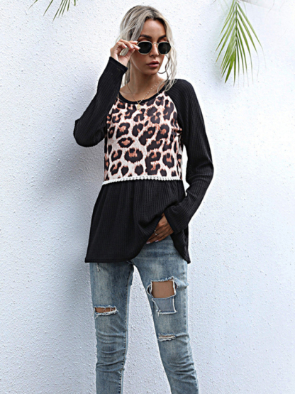 Paneled Long Sleeve Leopard Print Black Slim Fit Knit Sweater-chiquechics