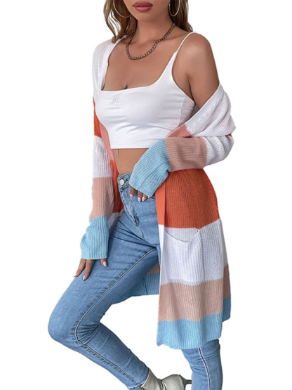 European and American long-sleeved color-blocking sweater jacket-chiquechics