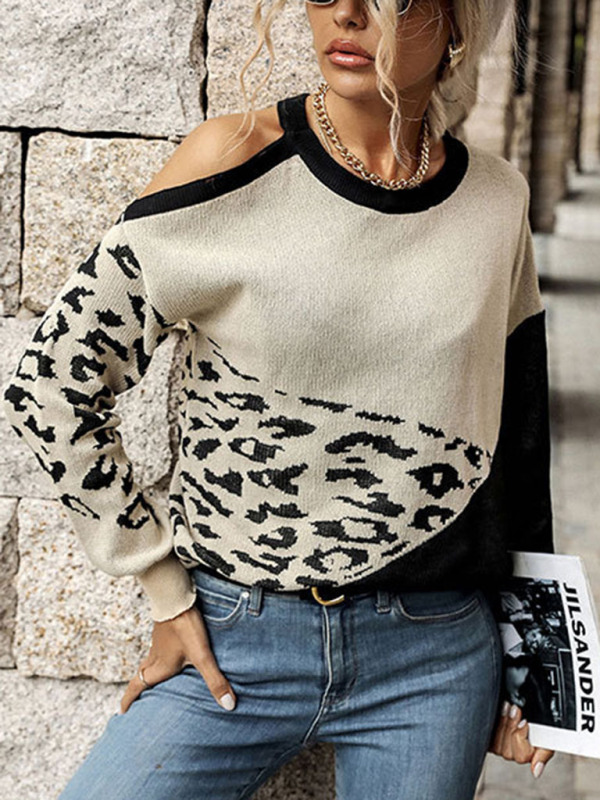 Casual Drop Shoulder Top Fashion Long Sleeve Leopard Sweater-chiquechics