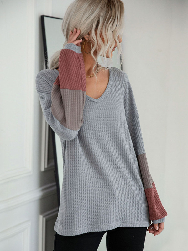 Autumn Colorblock Long Sleeve Grey V-Neck Knit Sweater