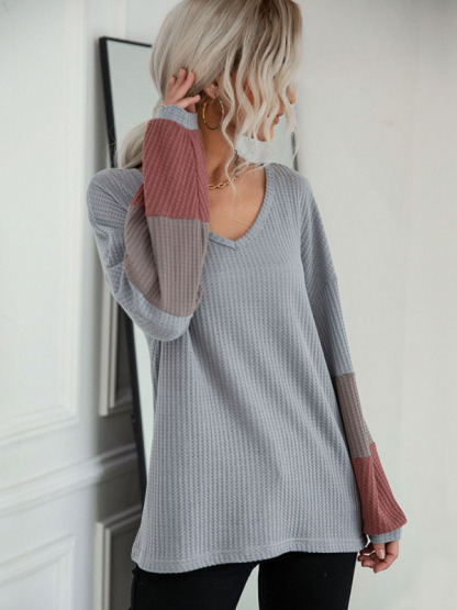 Autumn Colorblock Long Sleeve Grey V-Neck Knit Sweater