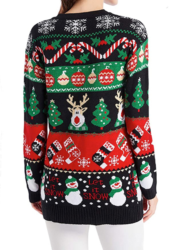 V-Neck Jacquard Christmas Drop-Sleeve Sweater-chiquechics