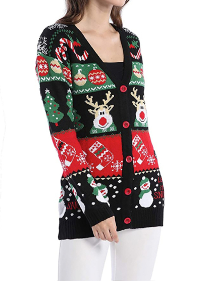 V-Neck Jacquard Christmas Drop-Sleeve Sweater-chiquechics
