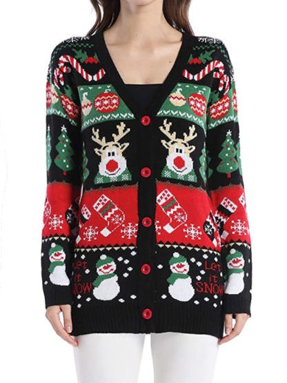 V-Neck Jacquard Christmas Drop-Sleeve Sweater-chiquechics