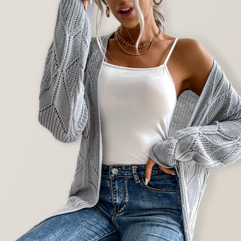 Women's hollow diamond plaid sweater cardigan-chiquechics