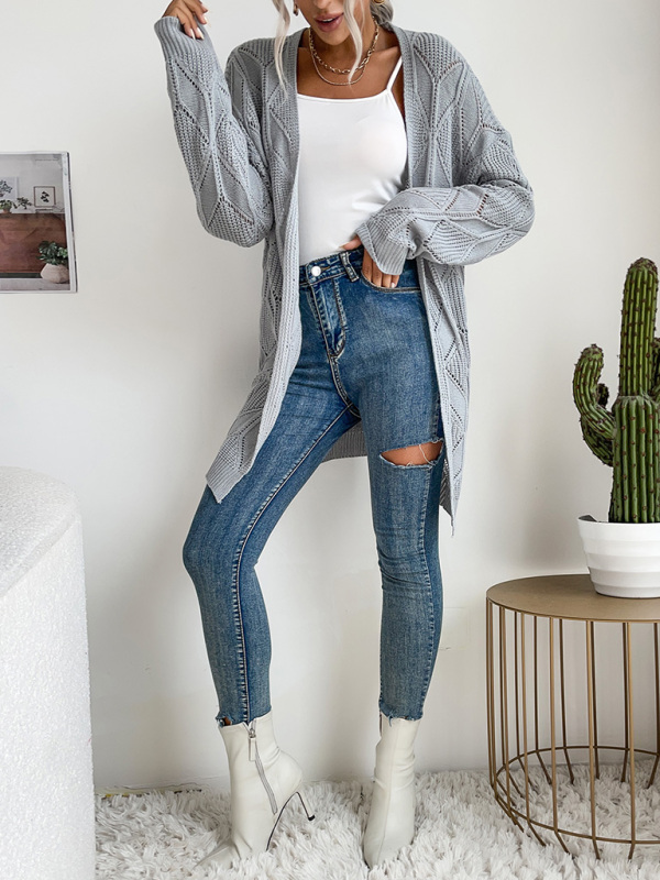 Women's hollow diamond plaid sweater cardigan-chiquechics