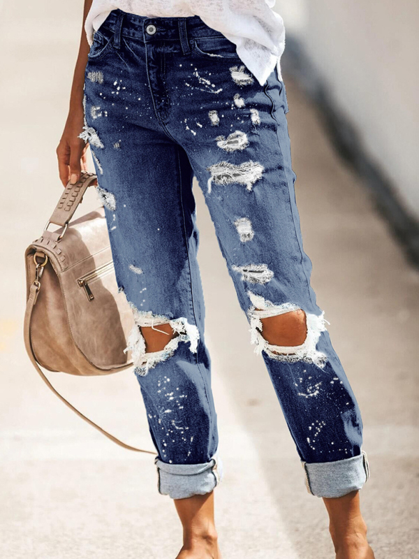 Stretch washed ripped straight-leg street style denim trousers-chiquechics