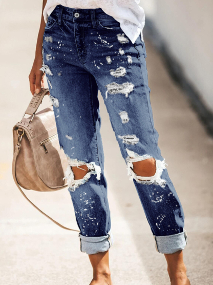 Stretch washed ripped straight-leg street style denim trousers-chiquechics