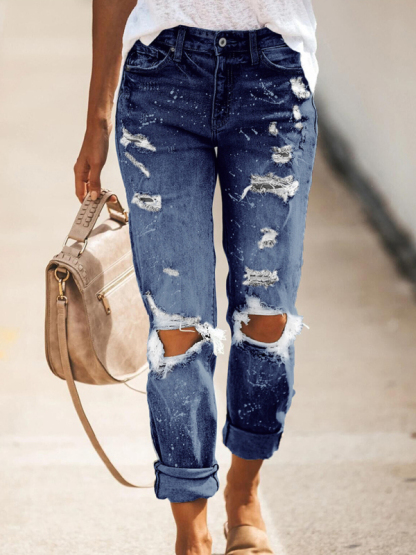 Stretch washed ripped straight-leg street style denim trousers-chiquechics