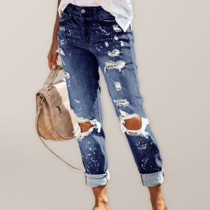 Stretch washed ripped straight-leg street style denim trousers-chiquechics