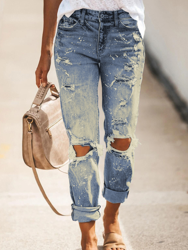 Stretch washed ripped straight-leg street style denim trousers-chiquechics