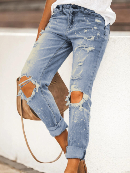Stretch washed ripped straight-leg street style denim trousers-chiquechics