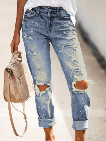 Stretch washed ripped straight-leg street style denim trousers-chiquechics