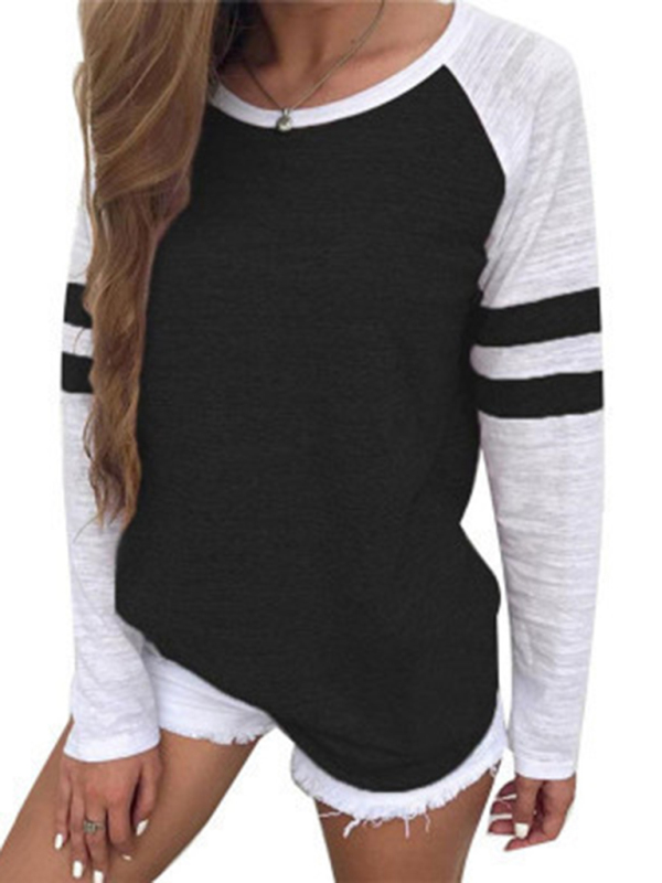 Contrast color stripe stitching long-sleeved T-shirt round neck color block top-chiquechics
