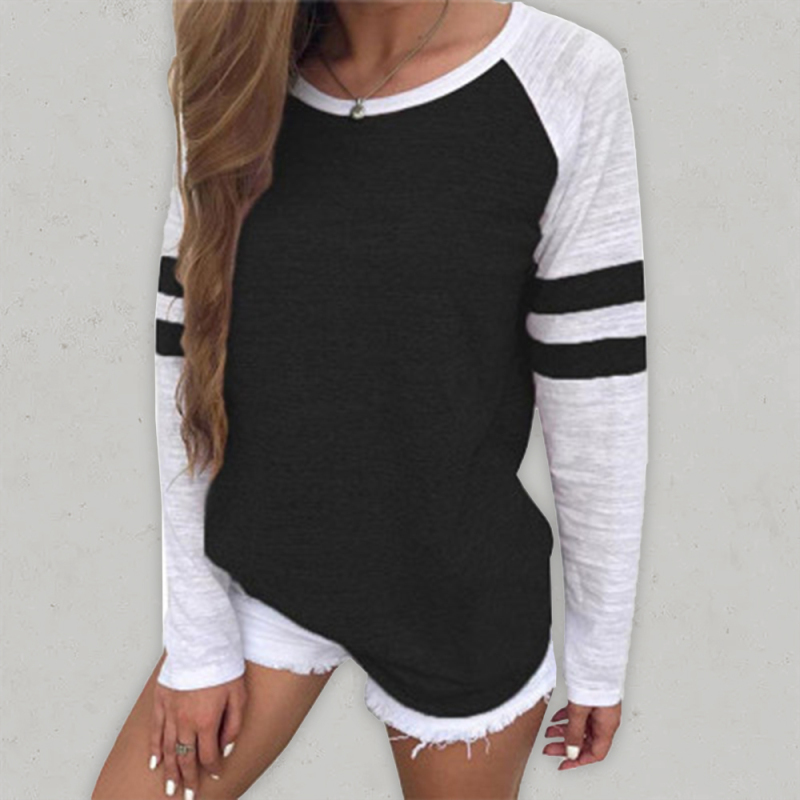 Contrast color stripe stitching long-sleeved T-shirt round neck color block top-chiquechics