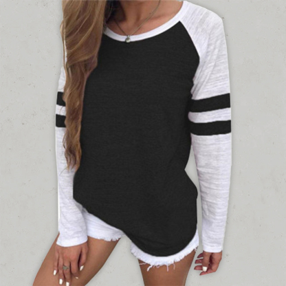 Contrast color stripe stitching long-sleeved T-shirt round neck color block top-chiquechics