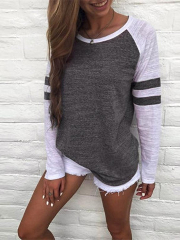 Contrast color stripe stitching long-sleeved T-shirt round neck color block top-chiquechics