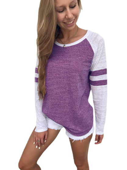 Contrast color stripe stitching long-sleeved T-shirt round neck color block top-chiquechics