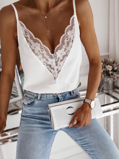 New lace stitching V-neck low-cut slim-fit small suspenders-chiquechics