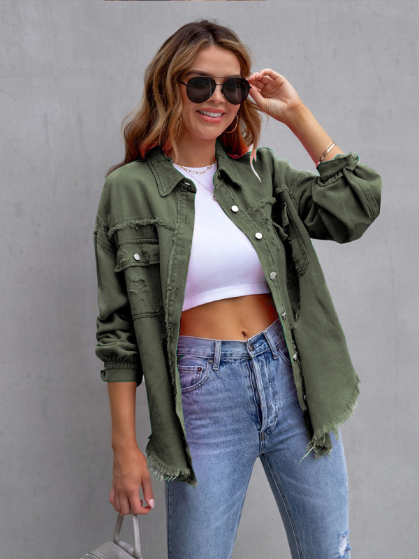 Raw edge ripped denim jacket Temperament casual trendy jacket-chiquechics