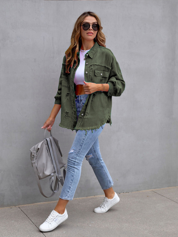Raw edge ripped denim jacket Temperament casual trendy jacket-chiquechics