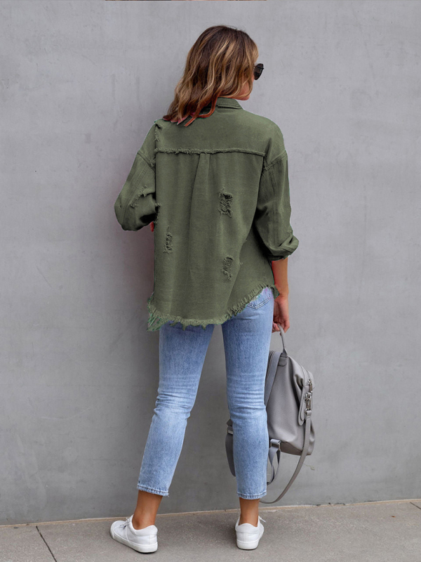 Raw edge ripped denim jacket Temperament casual trendy jacket-chiquechics