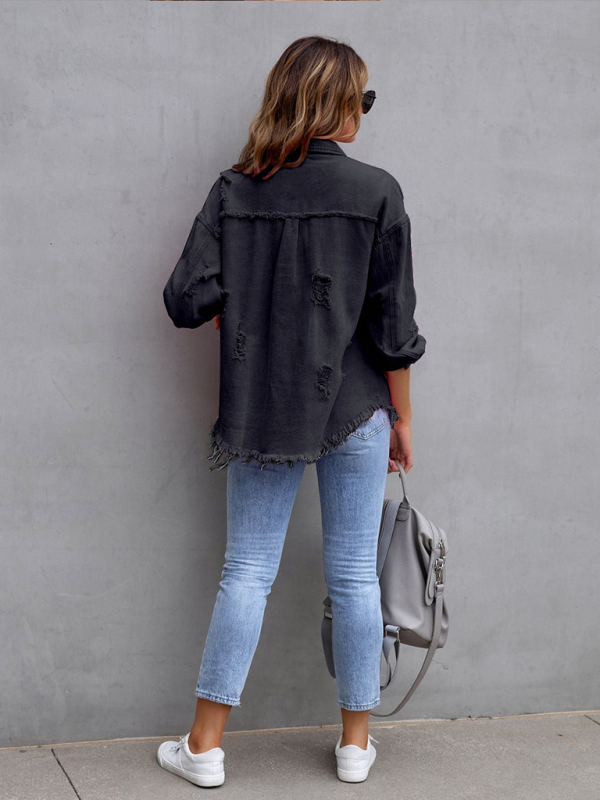 Raw edge ripped denim jacket Temperament casual trendy jacket-chiquechics