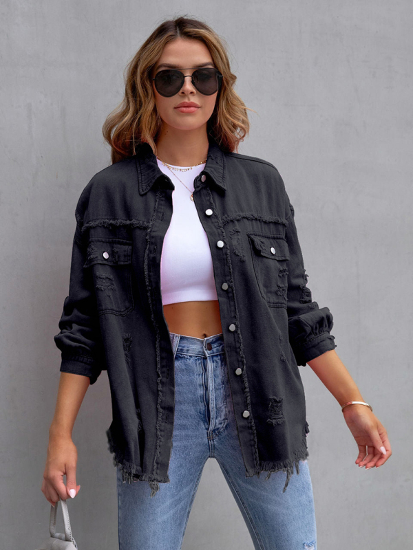 Raw edge ripped denim jacket Temperament casual trendy jacket-chiquechics