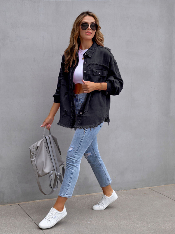 Raw edge ripped denim jacket Temperament casual trendy jacket-chiquechics