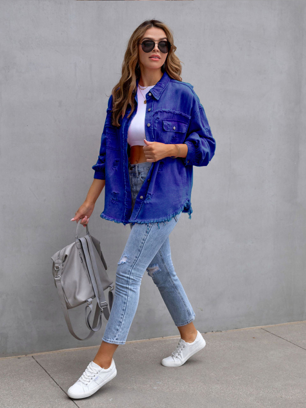 Raw edge ripped denim jacket Temperament casual trendy jacket-chiquechics