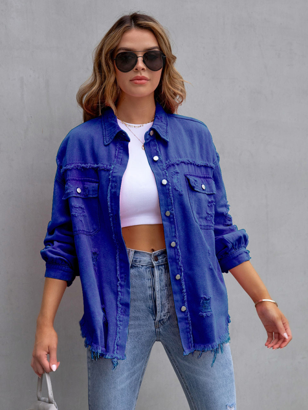 Raw edge ripped denim jacket Temperament casual trendy jacket-chiquechics