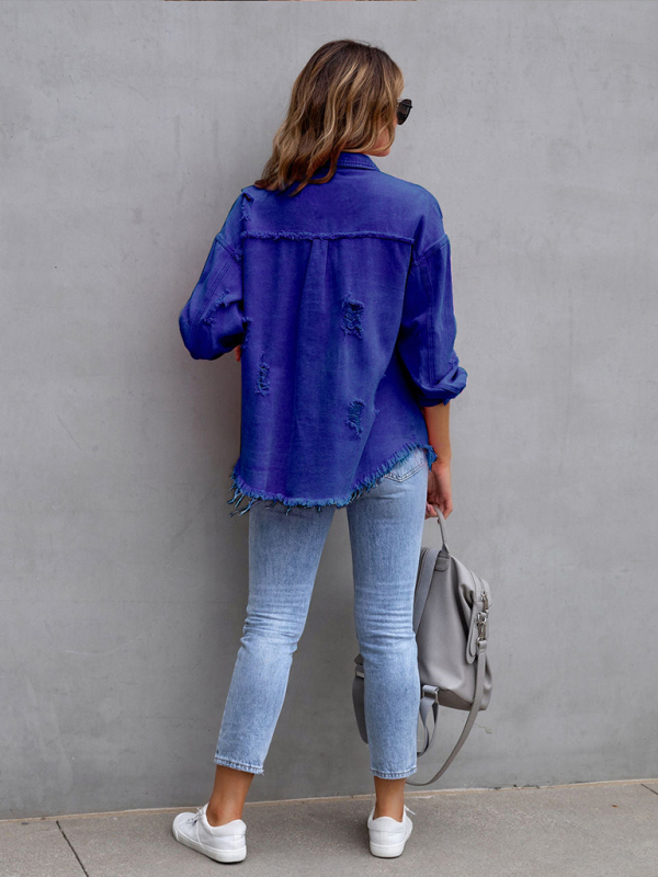 Raw edge ripped denim jacket Temperament casual trendy jacket-chiquechics