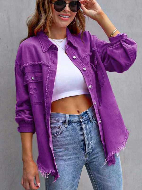 Raw edge ripped denim jacket Temperament casual trendy jacket-chiquechics