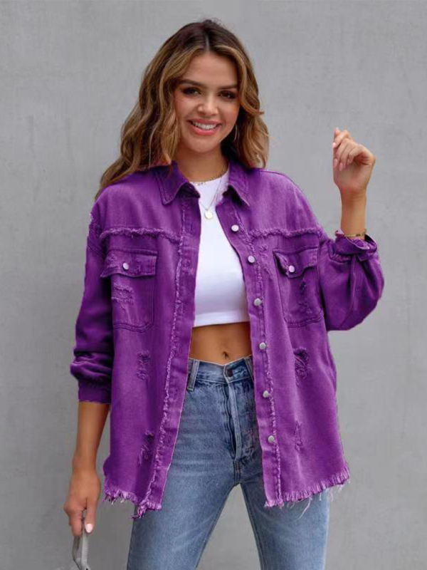 Raw edge ripped denim jacket Temperament casual trendy jacket-chiquechics