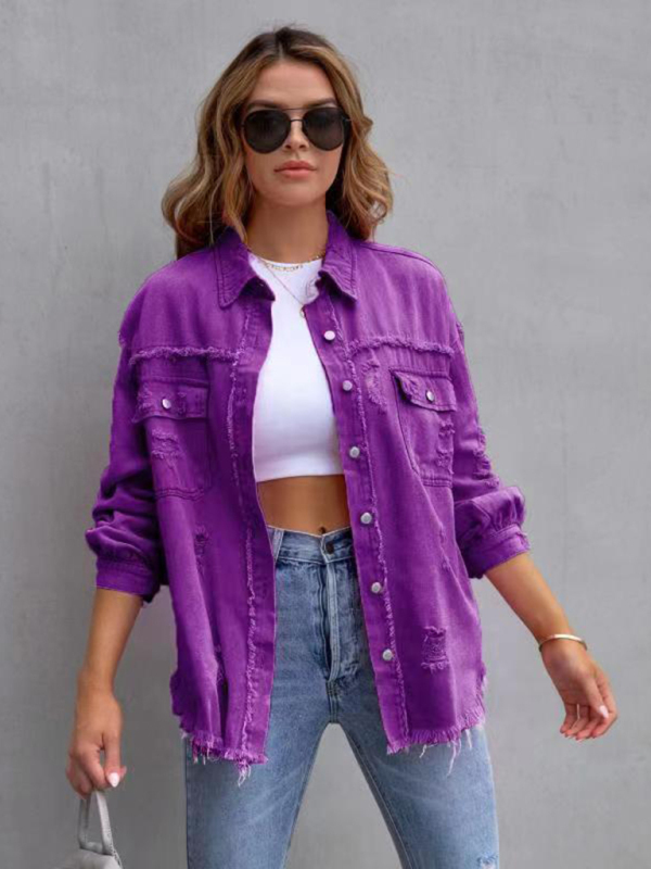 Raw edge ripped denim jacket Temperament casual trendy jacket-chiquechics