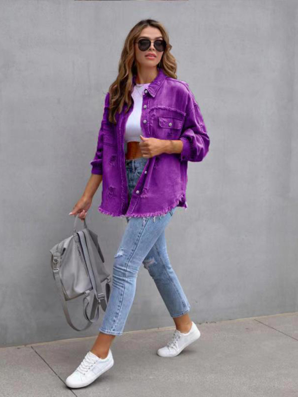 Raw edge ripped denim jacket Temperament casual trendy jacket-chiquechics