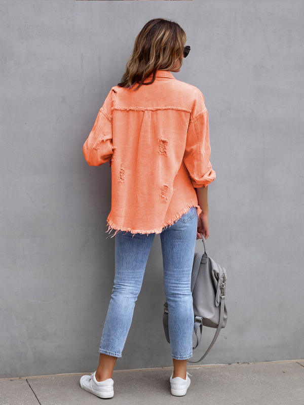 Raw edge ripped denim jacket Temperament casual trendy jacket-chiquechics